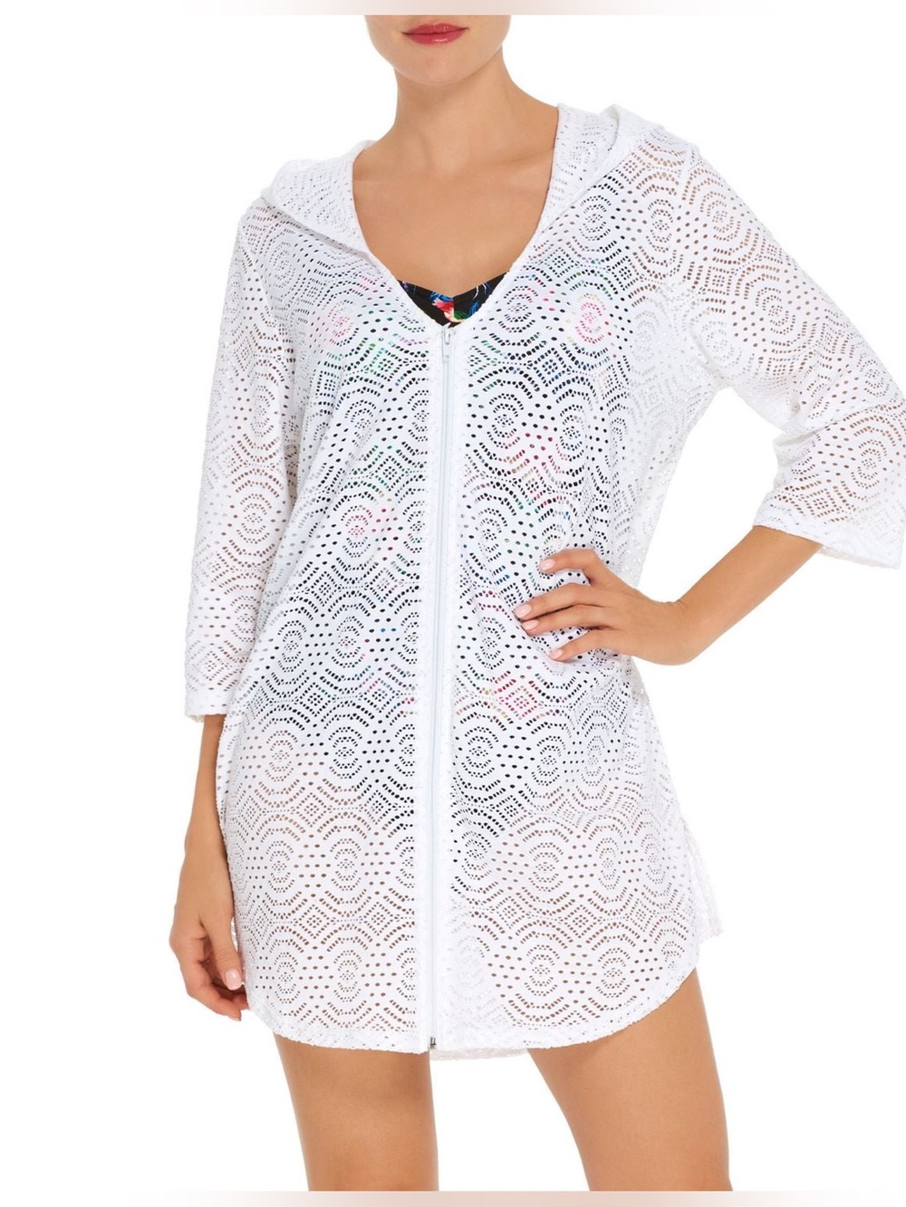 NWT Krista Collection Women’s White Lace Zip Swim Cover-Up with Hood 1X